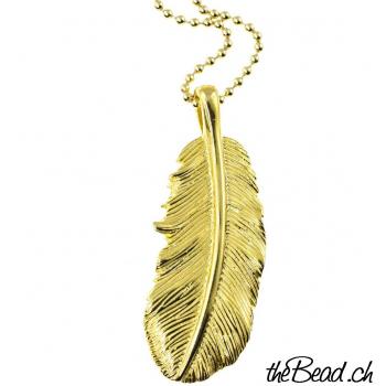 golden Feather necklace, with leather necklace