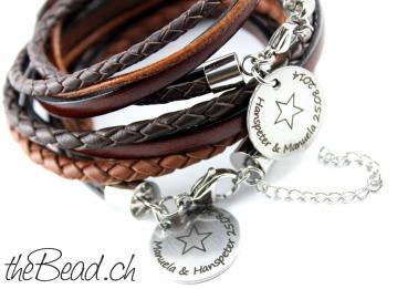 Gravierte Partnerarmbänder in braun Herrenarmband  und Damenarmband kaufen