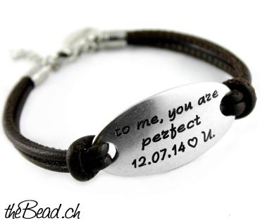 Message Gravur Armband, Lederfarbe wählbar !