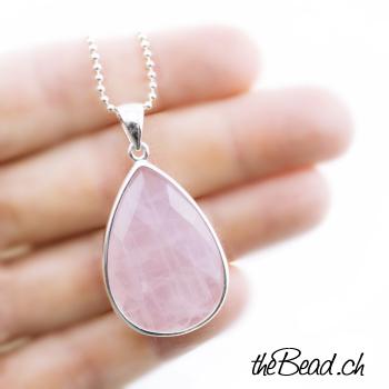 rose quartz silver necklace