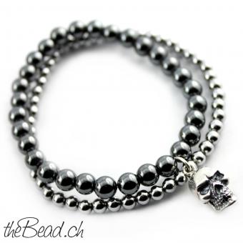 hämatite pearl bracelet and skull pendant made of 925 sterling silver