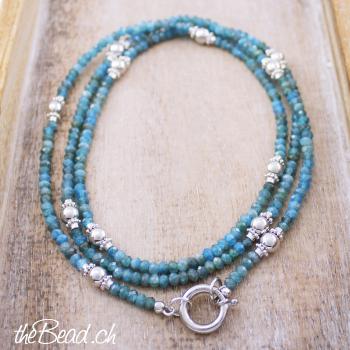 Preview: Halskette mit APATIT & Silberperlen, 85 cm lang! Preview: thebead Apatit mit Silber Perlen und grossem Verschluss