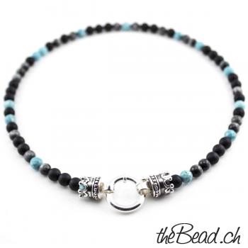 SCHWARZE Perlenkette für Männer mit 925 Silber kaufen schwarze matte perlen