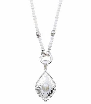 weisse PERLEN Halskette mit grossem Silberanhänger, 85 cm lang!