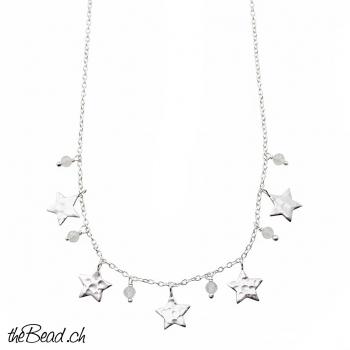Silberhalskette mit Sternchen & Regenbogenmondstein Anhängern