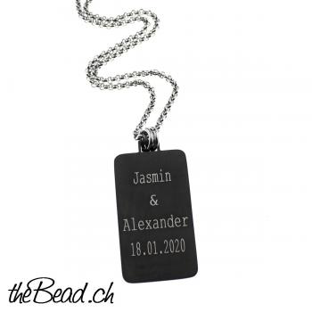 Preview: Kette mit schwarzem Namensgravur Anhänger, Kettenlänge wählbar! Preview: geschenkidee gravurschmuck halskette mit gravur anhänger in schwarz