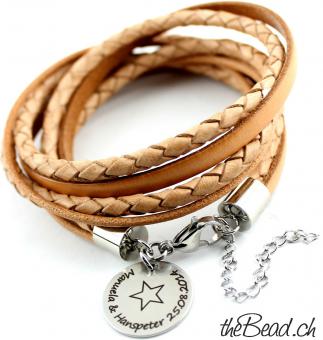 men leather bracelet with engraved pendant