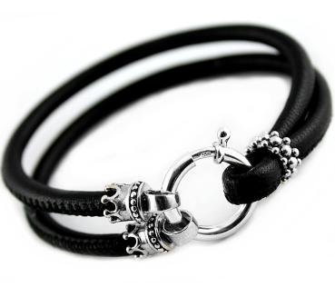 Damen Lederarmband Schwarz mit zwei Krönchen