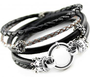 Damen gefl. Lederarmband KRÖNCHEN in Schwarz/Silber