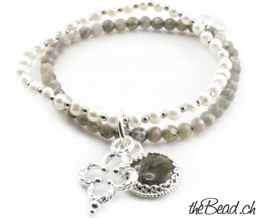 labradorit silver pearl bracelet with two pendants