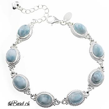 Larimar Edelstein und Silber Armband 17 cm + 3 cm Verlängerungskettchen