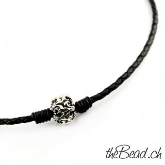 leather necklace with 925 sterling silver beads fleur de lys