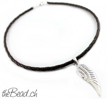 Leather necklace with silver wing