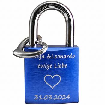Liebesschloss HERZ, massives Alu Schloss in BLAU mit Herz Anhänger