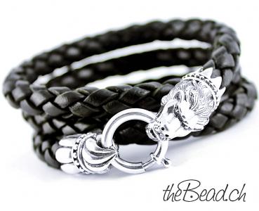 Lederarmband mit 925 Sterling Silber LÖWE in schwarz