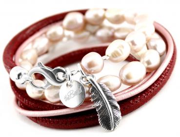 LOVLY " Red" Damen Lederarmband mit Feder Anhänger