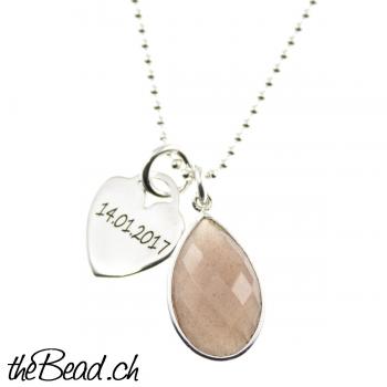 HERZ Gravur Collier mit Chocolate Mondstein