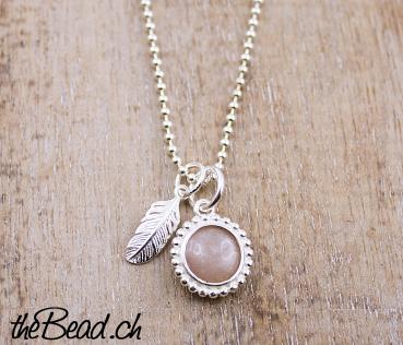 Moon stone & feather necklace made of 925 sterling silver