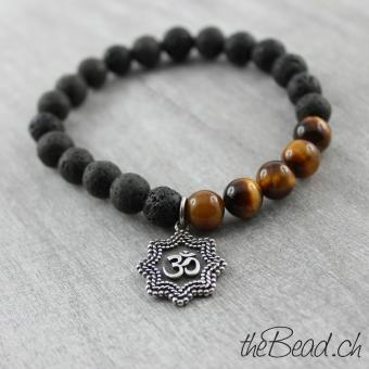 Yoga Buddha 925 Silber Anhänger mit Lavaperlen und Tigeraugenperlen