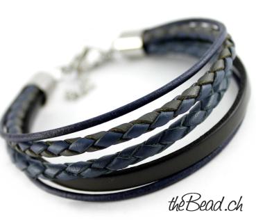 Herren Lederarmband ONE SIZE in Dunkelblau, Gravur möglich!