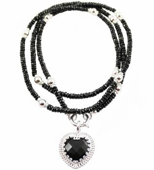 Halskette mit Herz aus ONYX sowie ONYX & Silber Perlen, 85 cm lang!