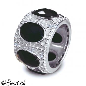 Breiter Bandring mit schwarzem Onyx in 925 Sterling Silber