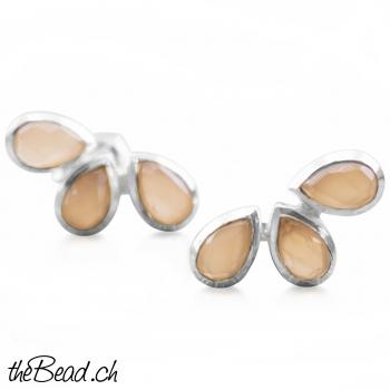 Schöne ORANGE MONDSTEIN Silber Ohrstecker