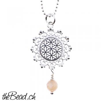 silver collier with flower of life pendant and moonstone