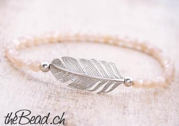 925 Sterling silver feather bracelet with crystal pearls rosegold