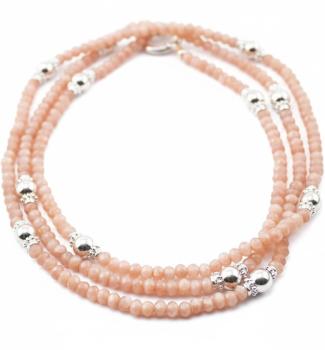 Halskette mit orangem MONDSTEIN & Silberperlen, 85 cm lang!