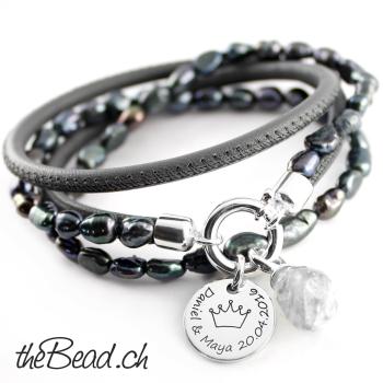 Gravur Anhänger Lederarmband 925 silber theBead mit echten Perlen und eine tolle Geschenkidee