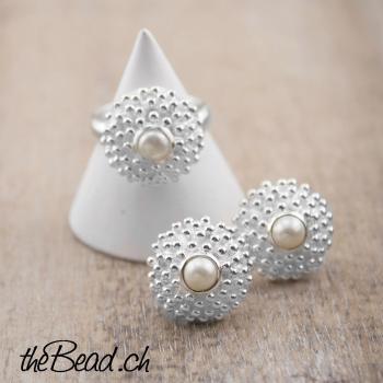 Preview: Silber Damen Fingerring & PERLE (auch mit Mondstein wählbar) Preview: schmuckset
