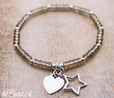 smoky quartz bracelet with heart and star pendants