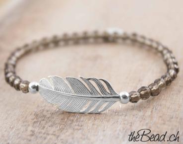 smoky quartz bracelet with 925 sterling silver feather  18 cm