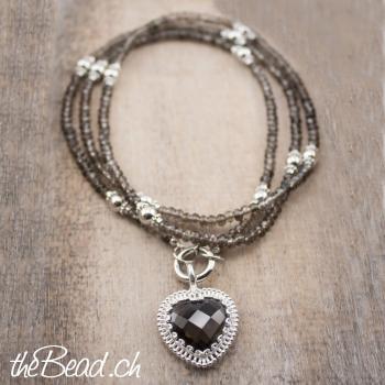 Halskette & Herz aus RAUCHQUARZ & Silber Perlen, 85 cm lang!