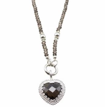 Halskette & Herz aus RAUCHQUARZ & Silber Perlen, 85 cm lang!