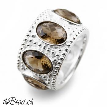 Breiter Bandring mit Rauchquarz in 925 Sterling Silber
