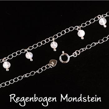 regenbogen mondstein zweireihiges Damen  fusskettchen aus 925 sterling silber