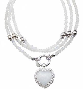 Halskette mit Herz aus REGENBOGEN MONDSTEIN & Silber Perlen, 85 cm lang!