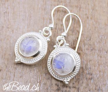 silver earrings with rainbow moonstone