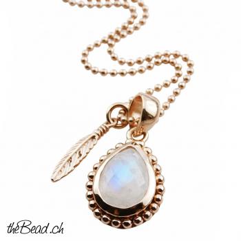 "Rose" REGENBOGEN MONDSTEIN Collier mit zwei Anhängern