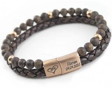Lederarmband TRAVER ROSEGOLD STEEL mit matten Bronzit Kugeln