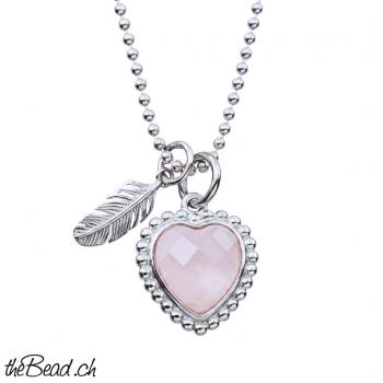 Silber Kette mit Rosenquarz HERZ & FEDER
