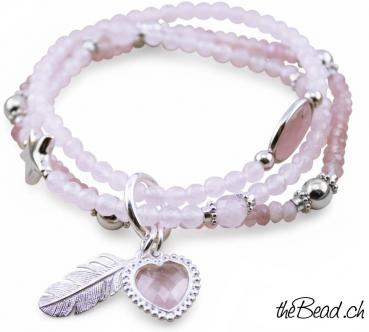 ROSENQUARZ Armband mit HERZ & FEDER Anhänger
