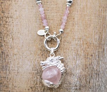 silver and rose quartz beads necklace 85 cm and pendant