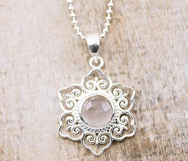 silver necklace with rose quartz pendant