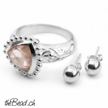 silberring für damen und damenring aus rosenquarz