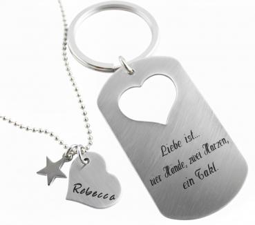 " Zwei Herzen " Halskette und Schlüsselanhänger mit Gravur im SET