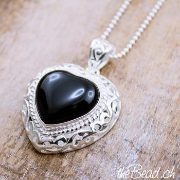 Onyx 925 Silber Kugelkette Rosenquarz Herz Anhänger