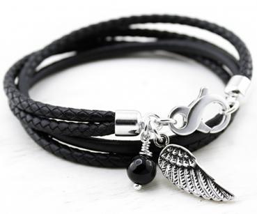 FLÜGEL Lederarmband mit schwarem ACHAT Anhänger